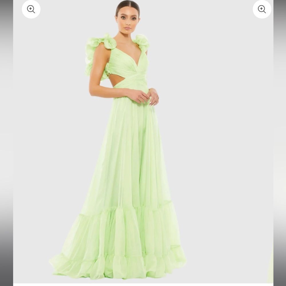 💞 NWT-MAC DUGGAL Mint Green Ruffle Tiered Cut-Out Chiffon Gown 67911 Sz 6 - Picture 8 of 12